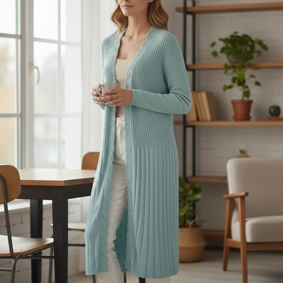 Nina Leonard Crochet Trim Tiffany Blue Duster Cardigan Size Large EUC - Picture 2 of 8